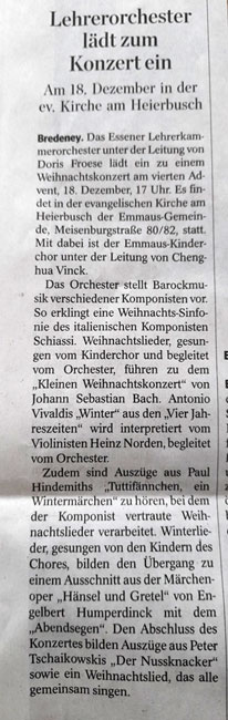 Pressemeldung zum Weihnachtskonzert des Essener Lehrer-Kammerorchesters